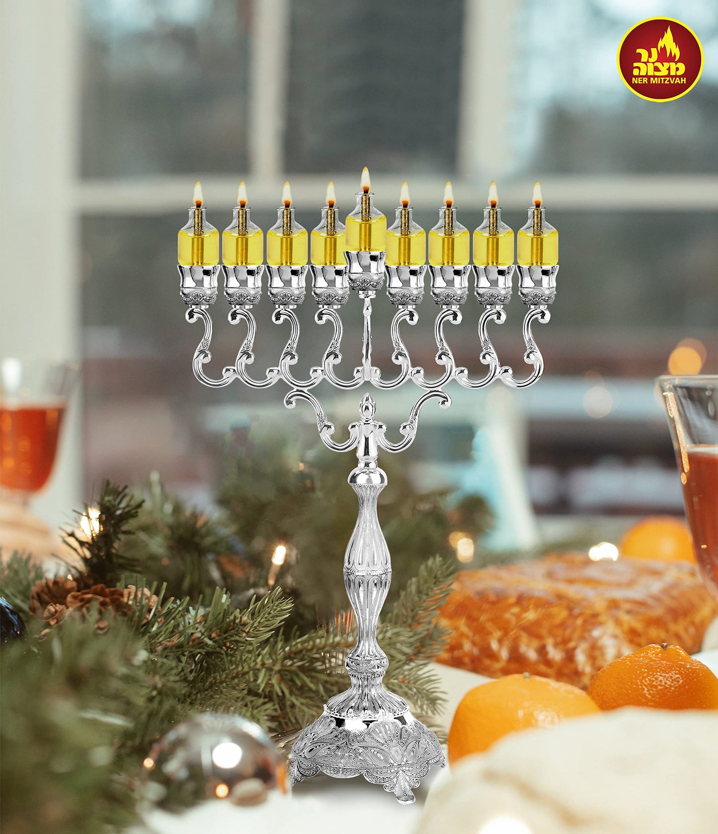 Filled Menorah Oil Cup Candles, Hanukkah Ohr Lights, 100% Olive Oil with Cotton Wick in Glass Cups