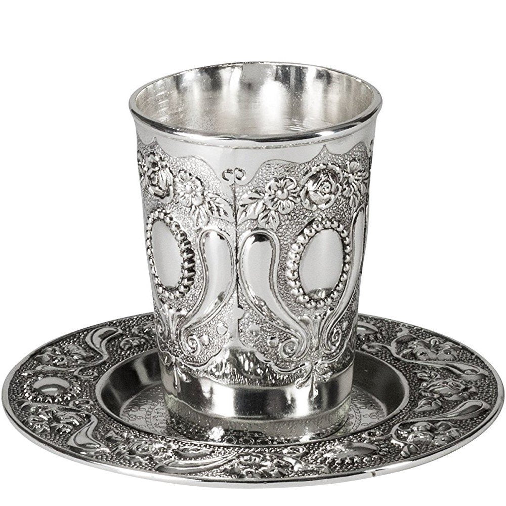 Ner Mitzvah Kiddush Cup and Tray - Premium Quality Nickel Plated Wine Cup - For Shabbat and Havdalah