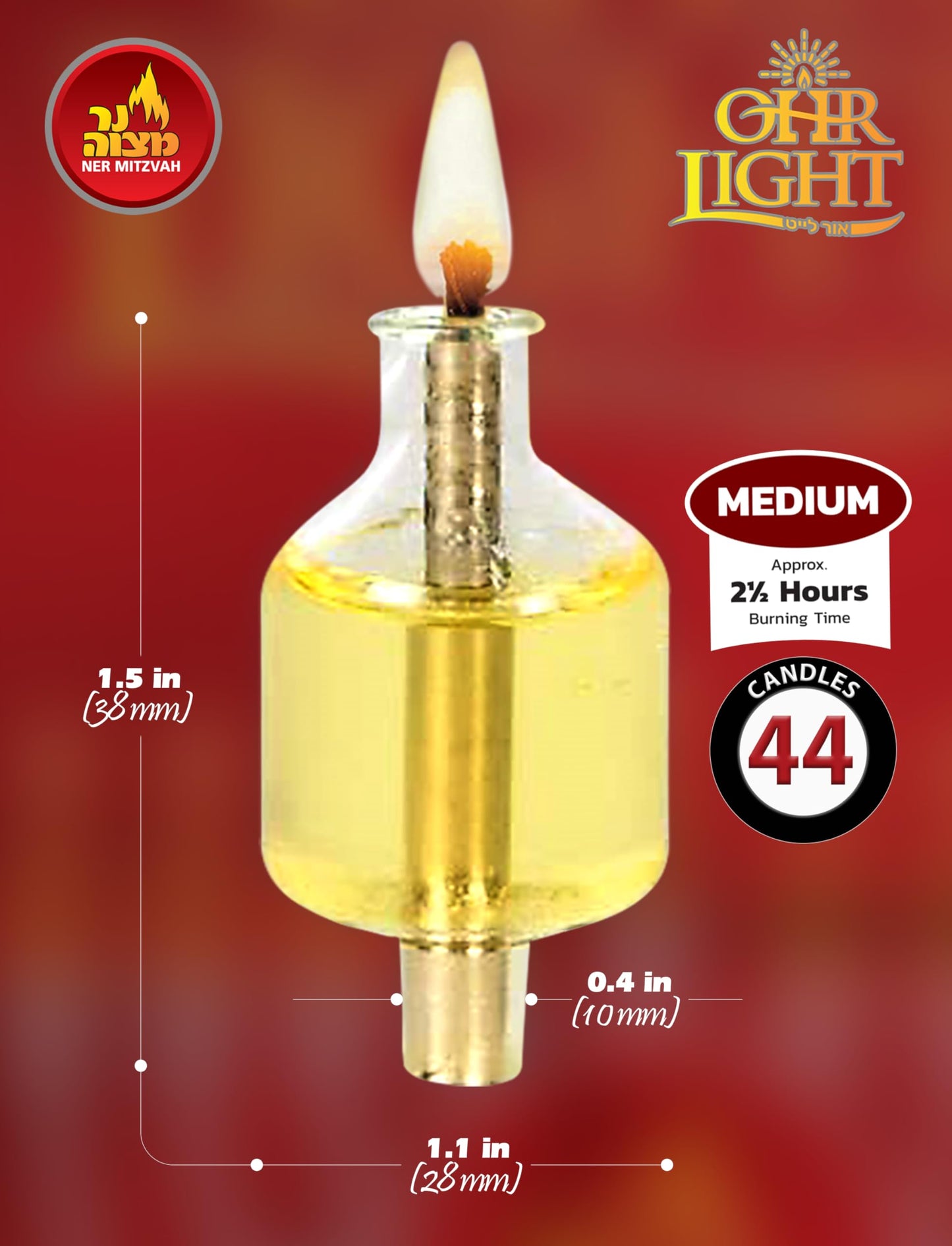 Filled Menorah Oil Cup Candles, Hanukkah Ohr Lights, 100% Olive Oil with Cotton Wick in Glass Cups