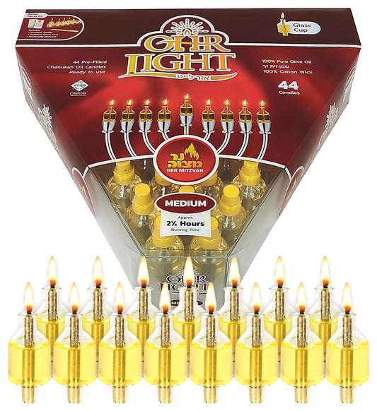 Filled Menorah Oil Cup Candles, Hanukkah Ohr Lights, 100% Olive Oil with Cotton Wick in Glass Cups