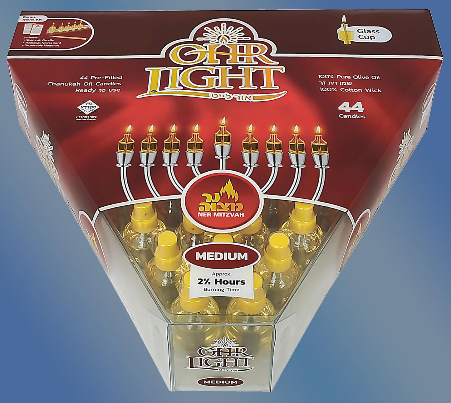Filled Menorah Oil Cup Candles, Hanukkah Ohr Lights, 100% Olive Oil with Cotton Wick in Glass Cups