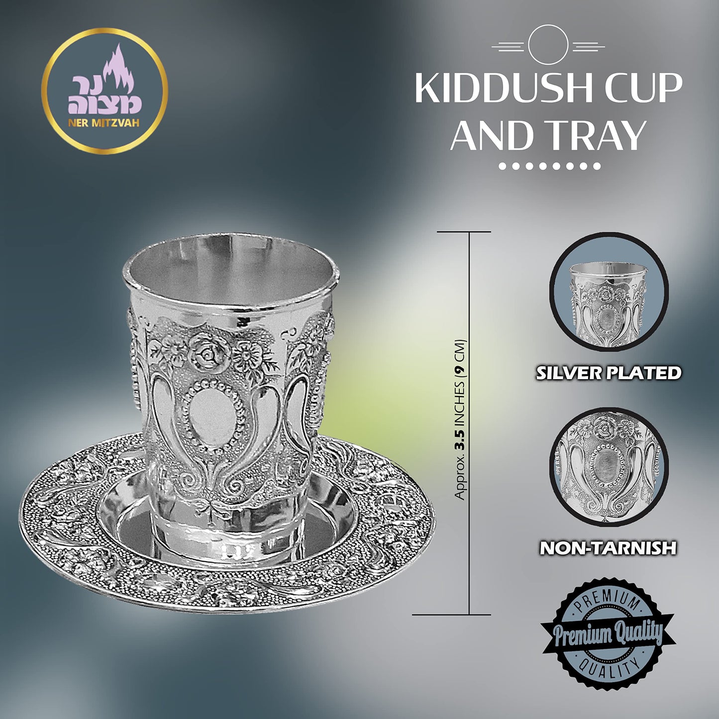 Ner Mitzvah Kiddush Cup and Tray - Premium Quality Nickel Plated Wine Cup - For Shabbat and Havdalah