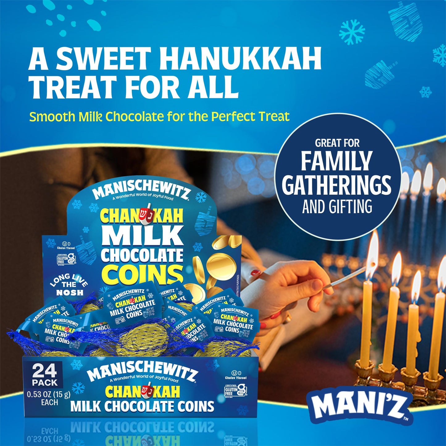 Manischewitz Milk Chocolate Gold Coins, Hanukkah Gelt (24 Mesh Bags) Individually Wrapped Perfect for Chanukah | St. Patrick’s Day Chocolate | Gluten Free | Kosher (Cholov Yisroel) | For Holidays | Assorted Sizes