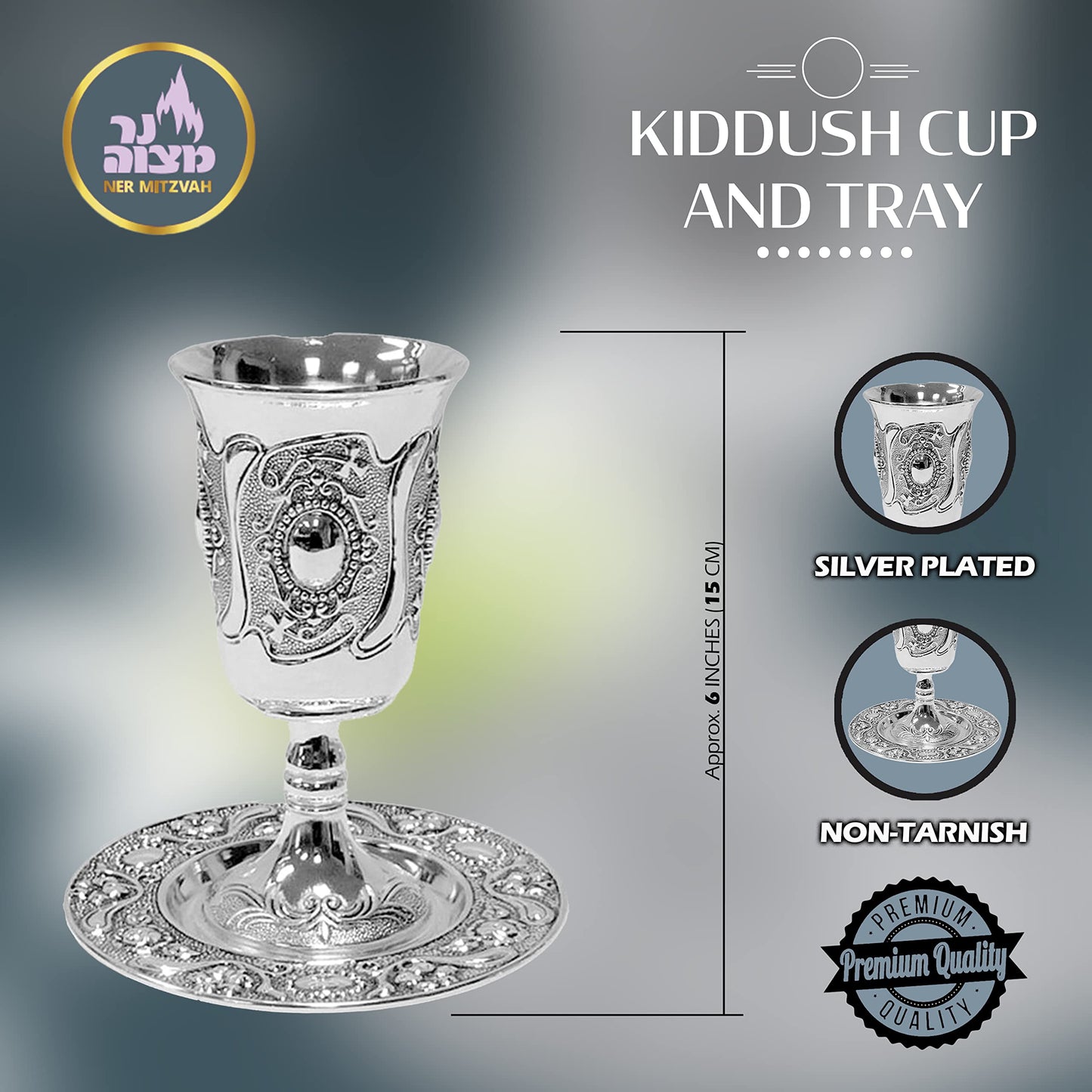 Tall Kiddush Cup and Tray - Premium Quality Silver Plated Goblet With Stem