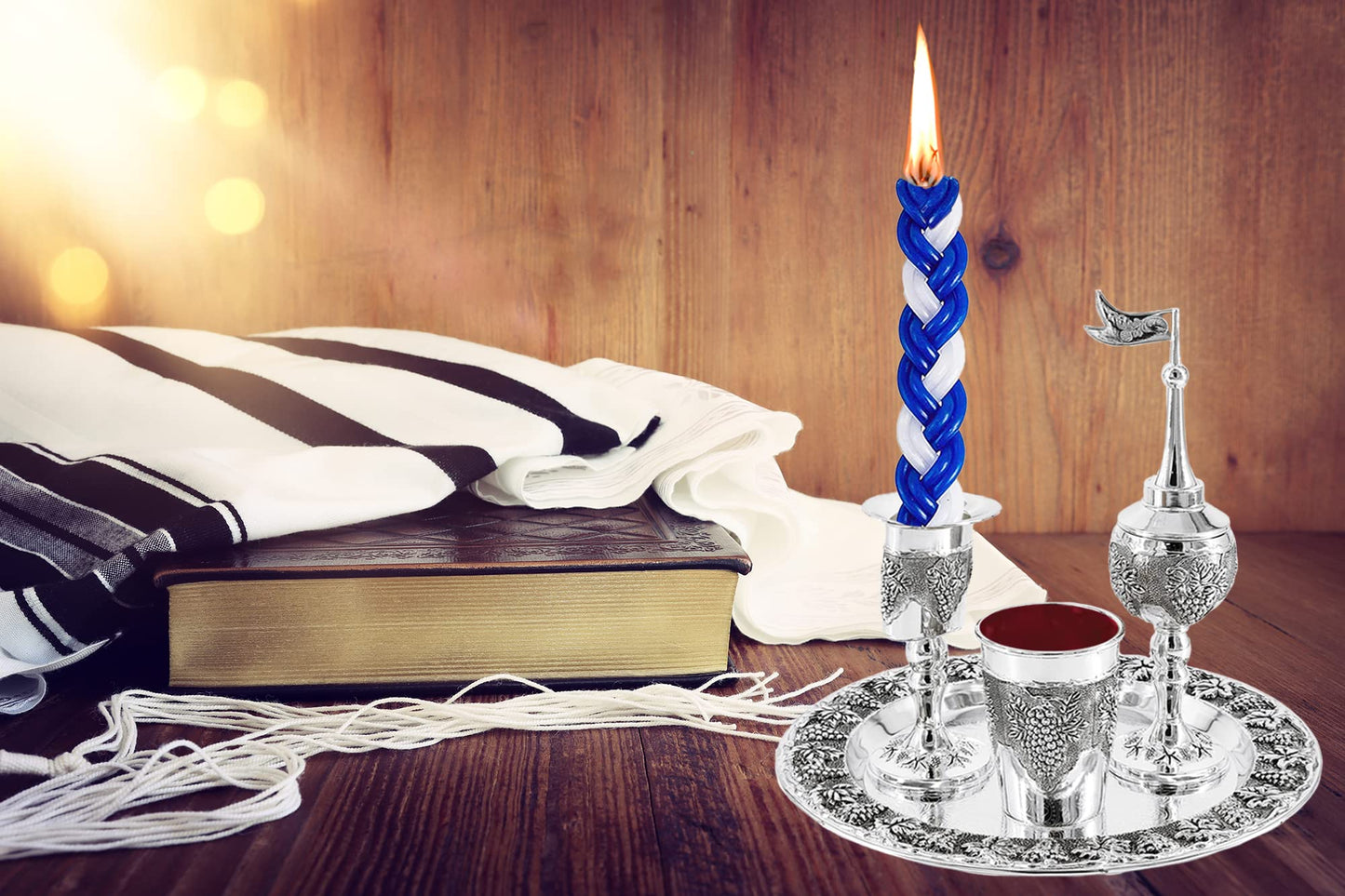 Havdalah Set, Grape Theme Wine Goblet, with Candle and Spice Incense Holders, Silver Plated