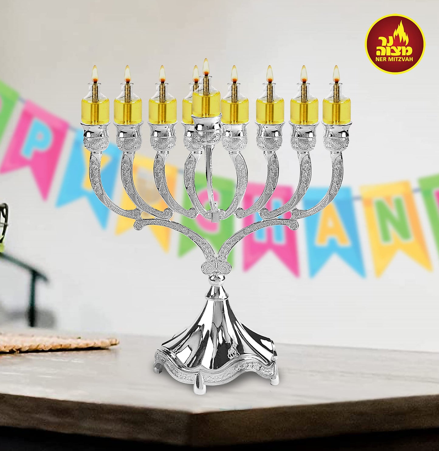 Filled Menorah Oil Cup Candles, Hanukkah Ohr Lights, 100% Olive Oil with Cotton Wick in Glass Cups
