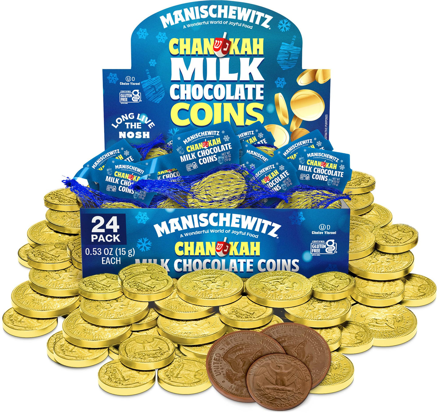 Manischewitz Milk Chocolate Gold Coins, Hanukkah Gelt (24 Mesh Bags) Individually Wrapped Perfect for Chanukah | St. Patrick’s Day Chocolate | Gluten Free | Kosher (Cholov Yisroel) | For Holidays | Assorted Sizes