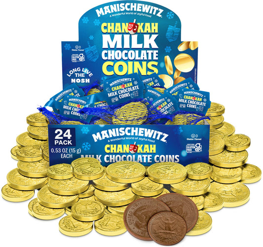 Manischewitz Milk Chocolate Gold Coins, Hanukkah Gelt (24 Mesh Bags) Individually Wrapped Perfect for Chanukah | St. Patrick’s Day Chocolate | Gluten Free | Kosher (Cholov Yisroel) | For Holidays | Assorted Sizes