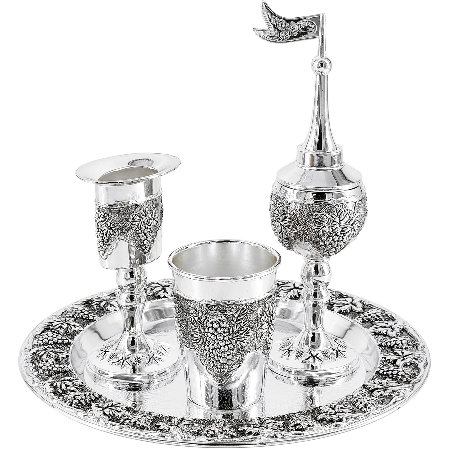 Havdalah Set, Grape Theme Wine Goblet, with Candle and Spice Incense Holders, Silver Plated