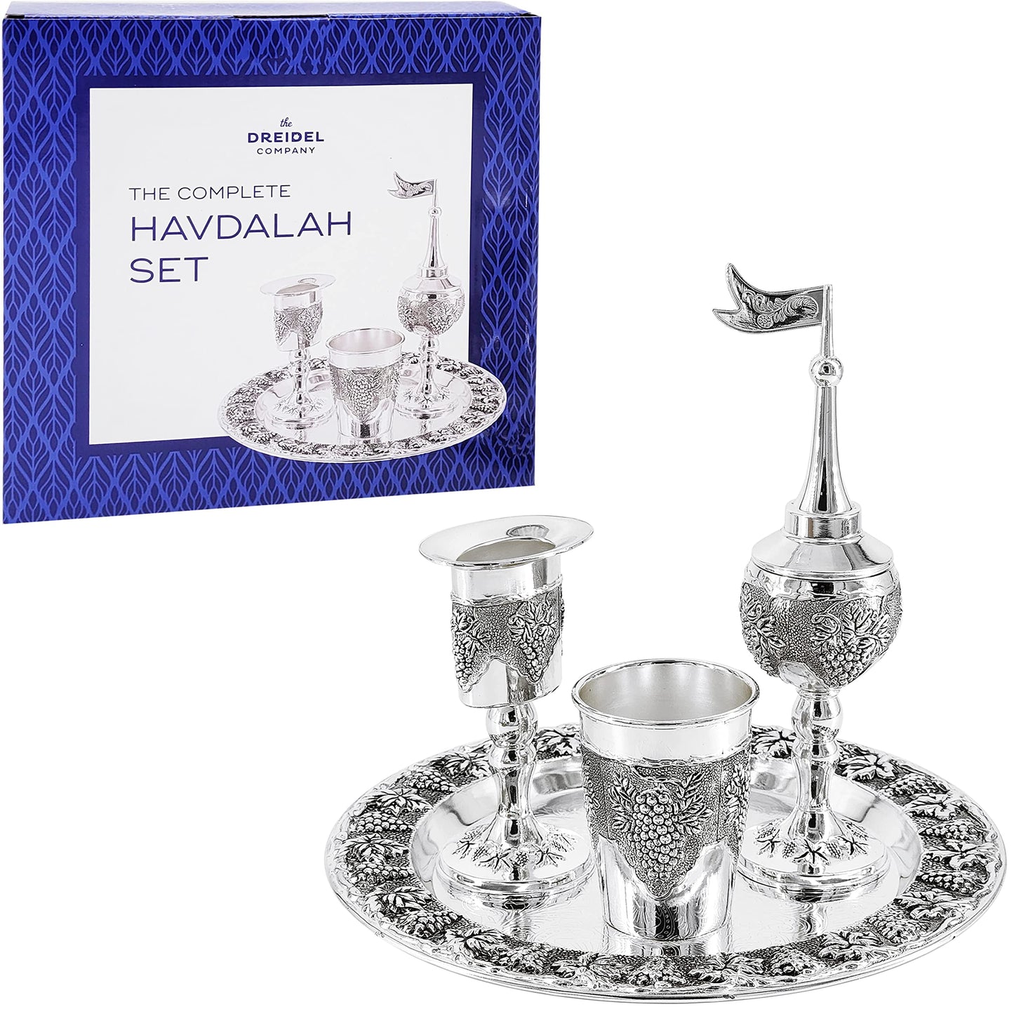 Havdalah Set, Grape Theme Wine Goblet, with Candle and Spice Incense Holders, Silver Plated