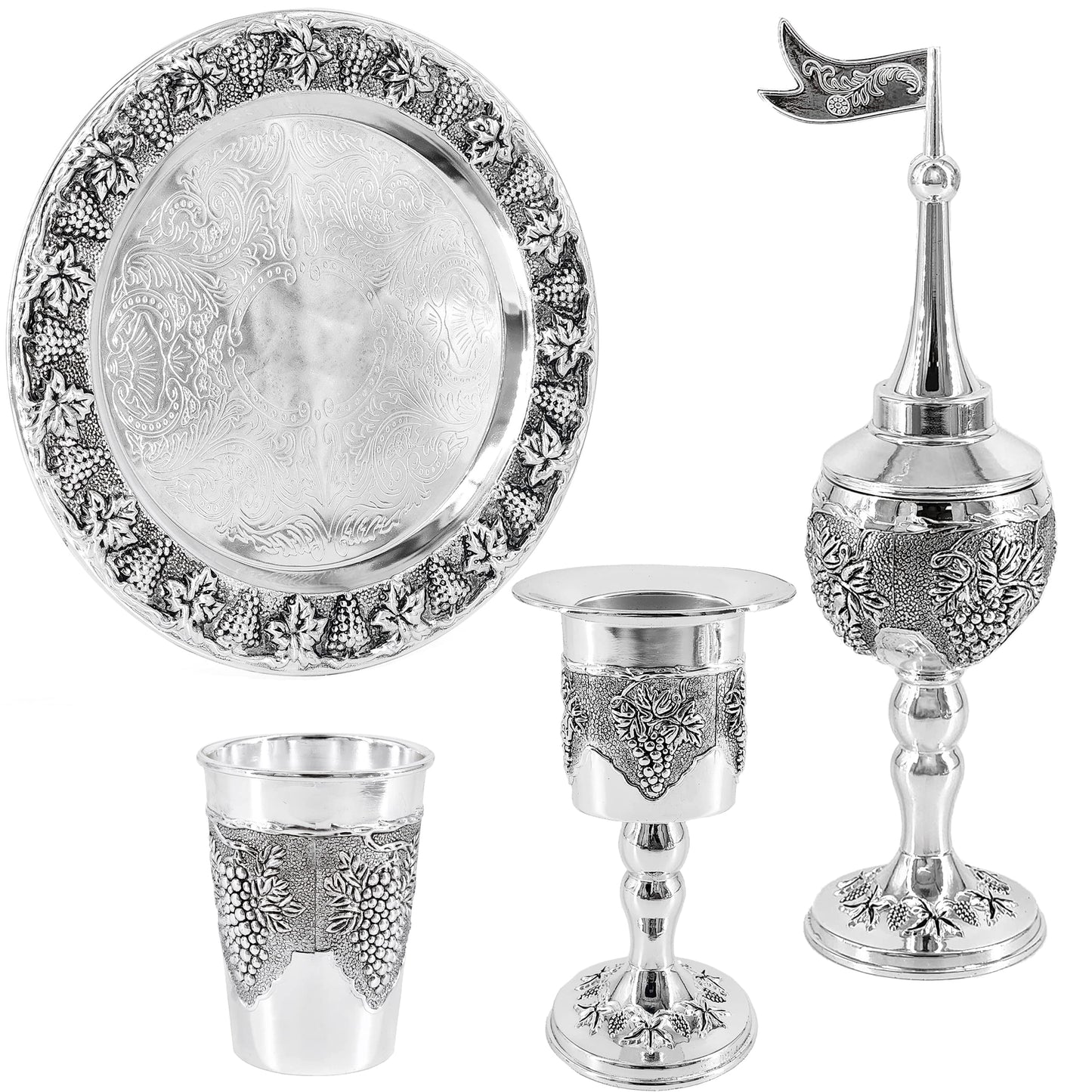 Havdalah Set, Grape Theme Wine Goblet, with Candle and Spice Incense Holders, Silver Plated
